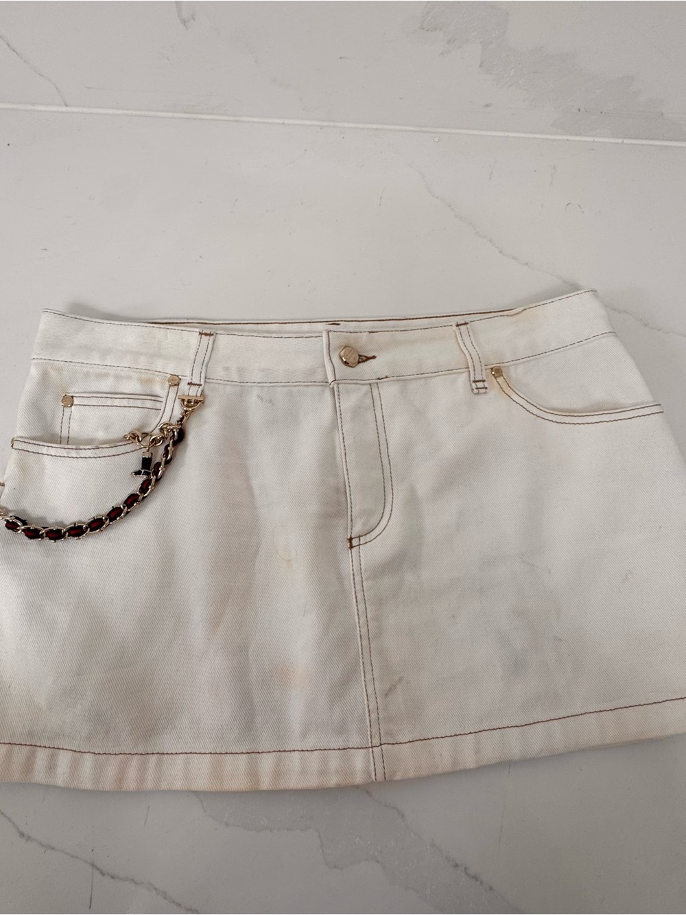 Gucci White Denim Mini Skirt with Chain Detail